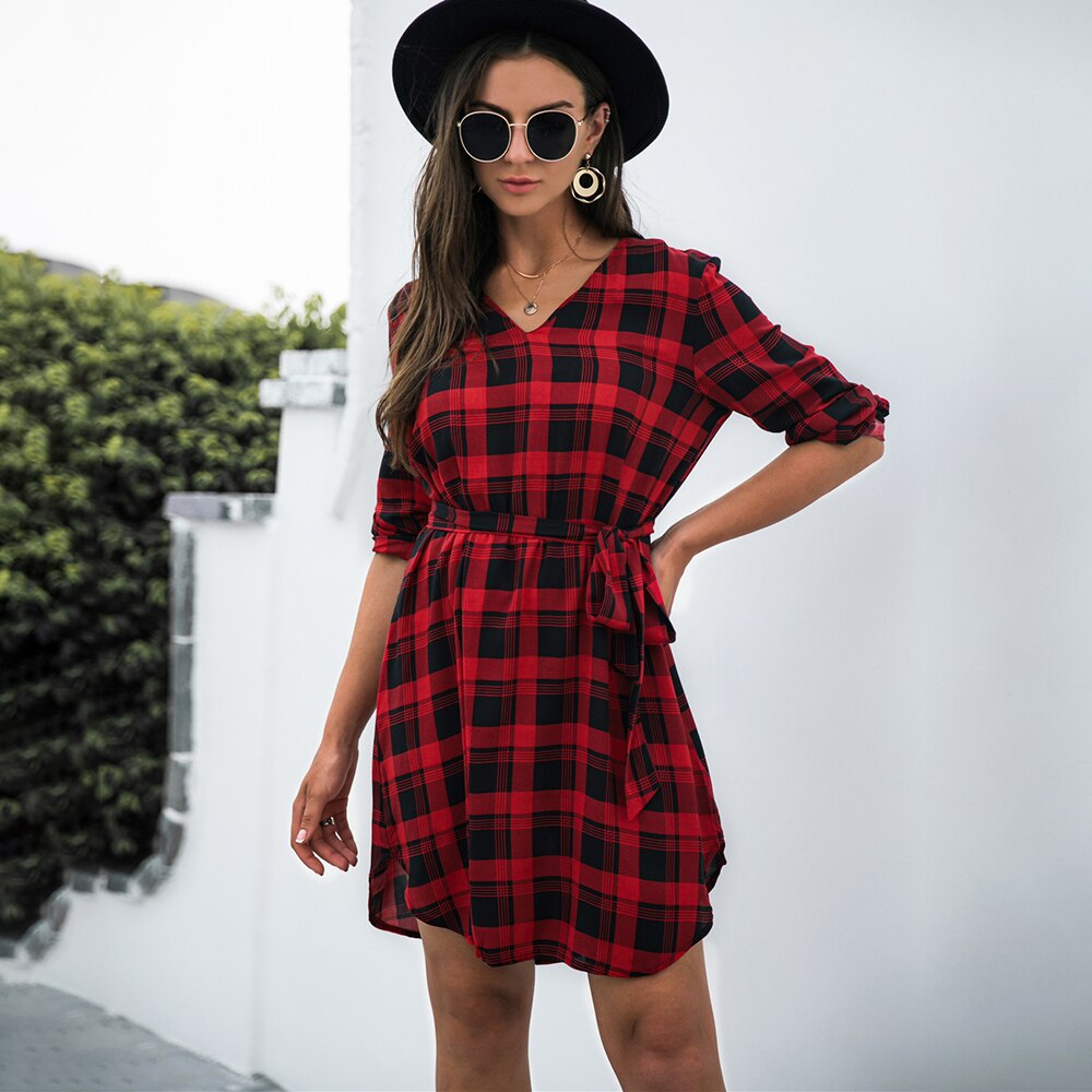 Women Autumn Casual Plaid Print Dress Sexy V-neck Long Sleeve High Waist A-Line Dresses Fashion Belt Ladies Mini Dress 2021 alx