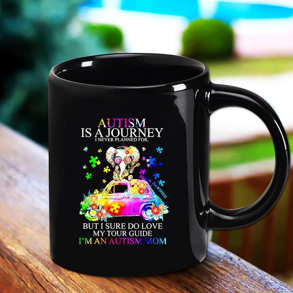 Autism Awareness Autism Is A Journey I Never Planned For Elephant & Car Guitar Lovers Black Mug