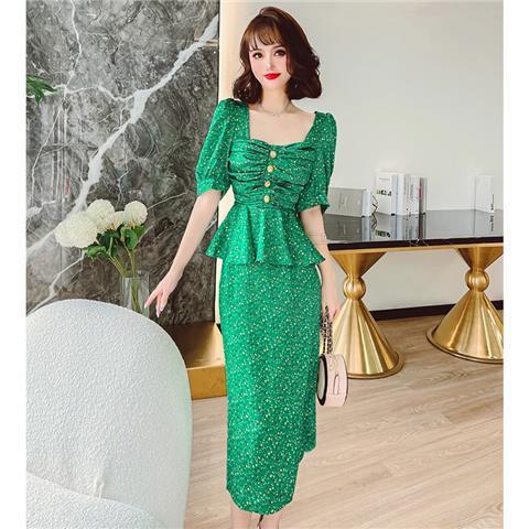 Women 2022 Summer Elegant Print Office Work Two Piece Set Female Short Ruffled Blouses Top + Bodycon Pencil Skirt Lady Suit G41 alx