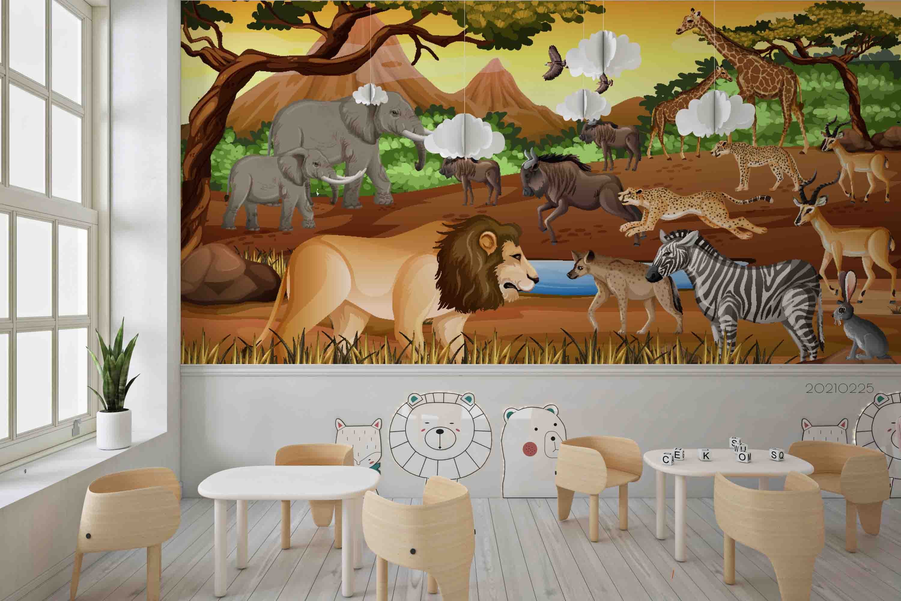 3D Cartoon Forest Animal Lion Zebra Wall Mural Wallpaper Lqh 200