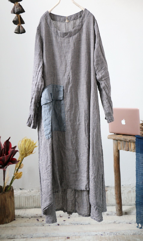 Women Spring Plaid Linen Dress Ladies Vintage Patchwork Pockets Dress Robes Female Dresses 2022 Loose Dress alx