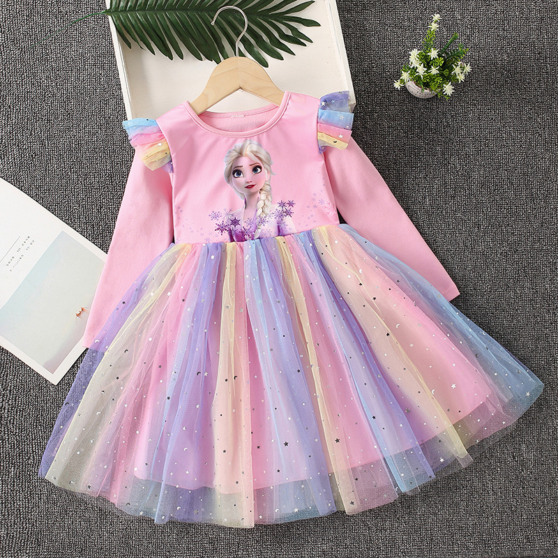 2022 Frozen Aisha Princess Dress Girls Long-sleeved Spring Net Gauze Dresses Autumn Children Elsa Party Flower Boutique Clothes alx