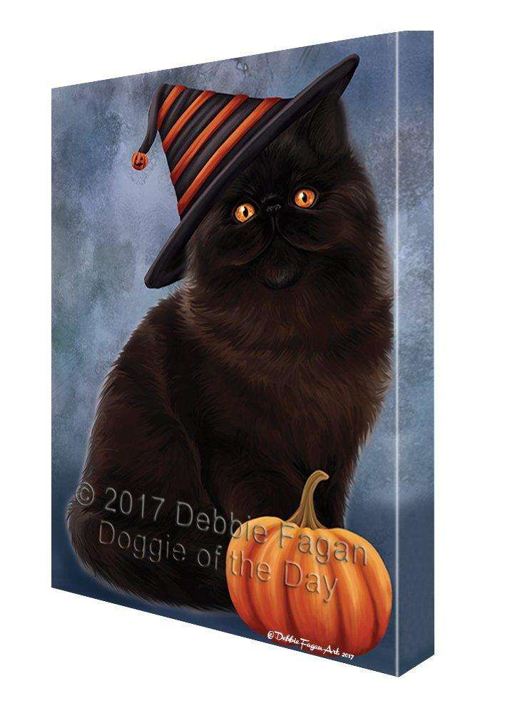 Happy Halloween Persian Black Cat Wearing Witch Hat With Pumpkin Canvas Wall Art