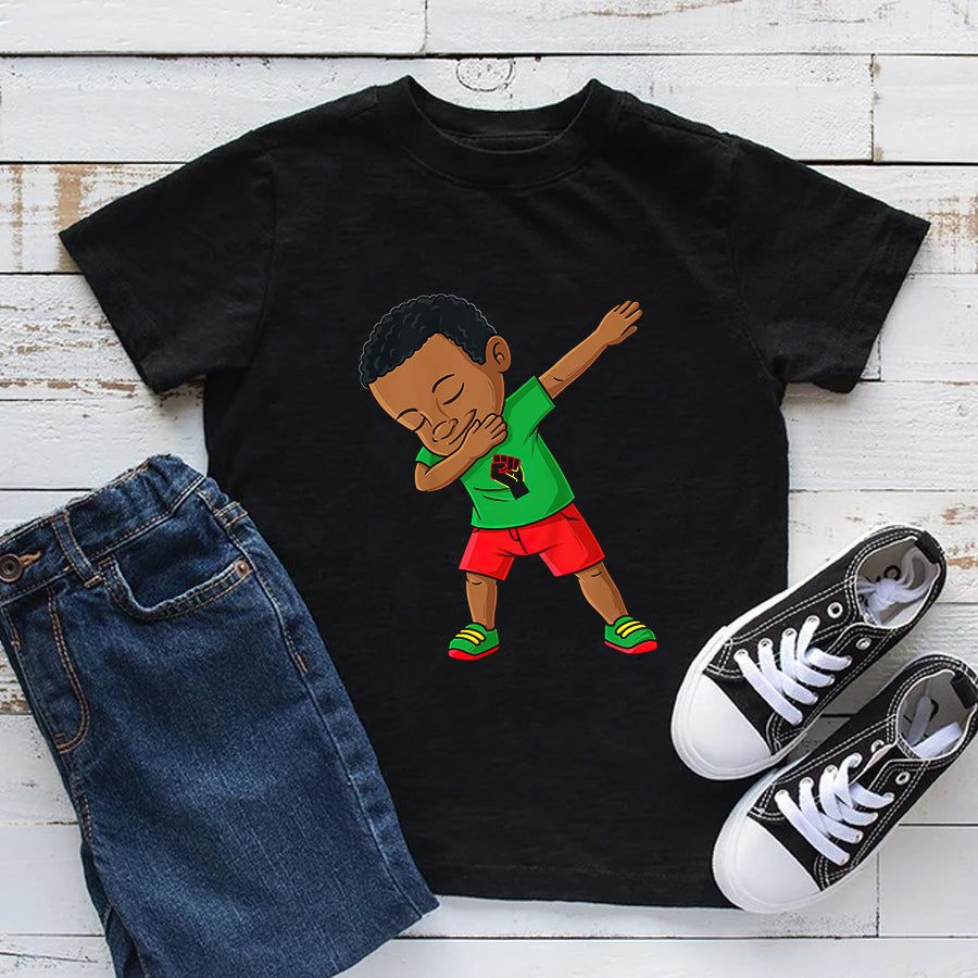 Juneteenth Shirt Kids Dabbing Black King Juneteenth Melanin Brown Skin Boys Dab T-Shirt