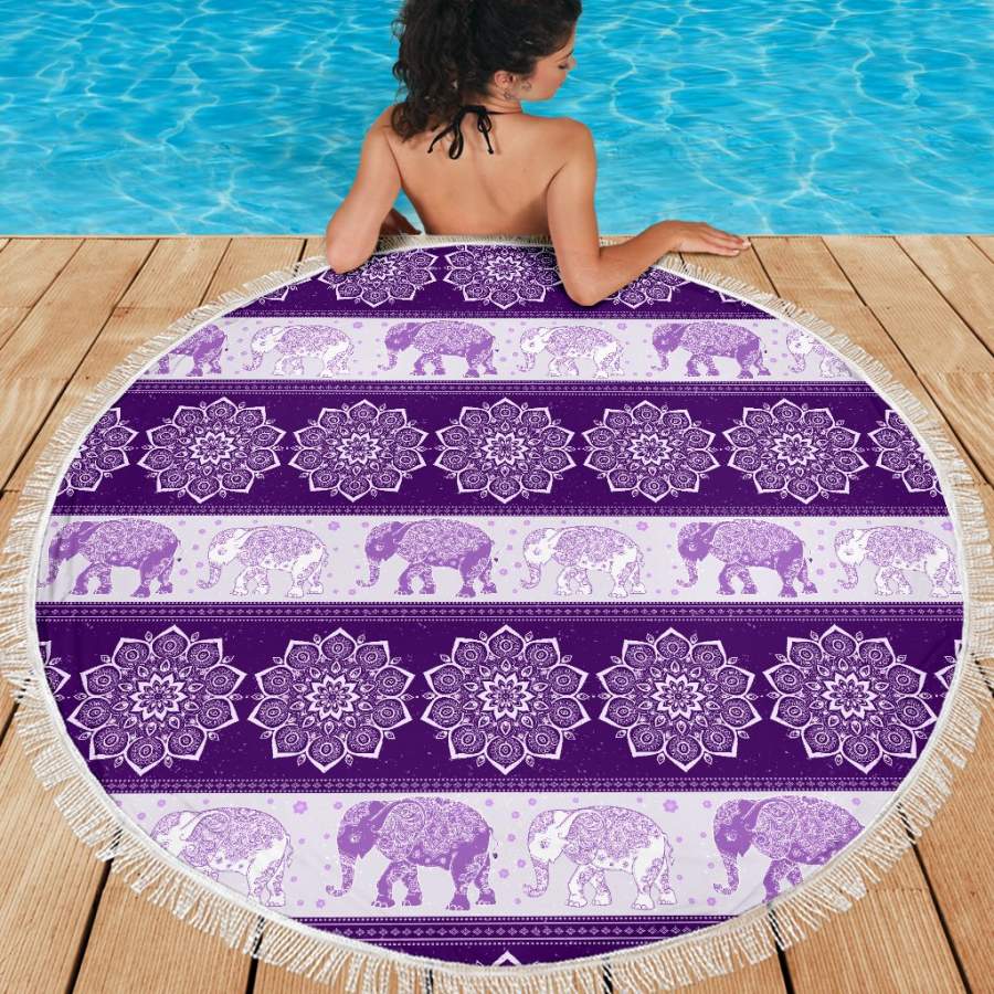 Elephant Blanket Flower Purple Beach Blanket Towel Picnic Yoga Outdoor Mat