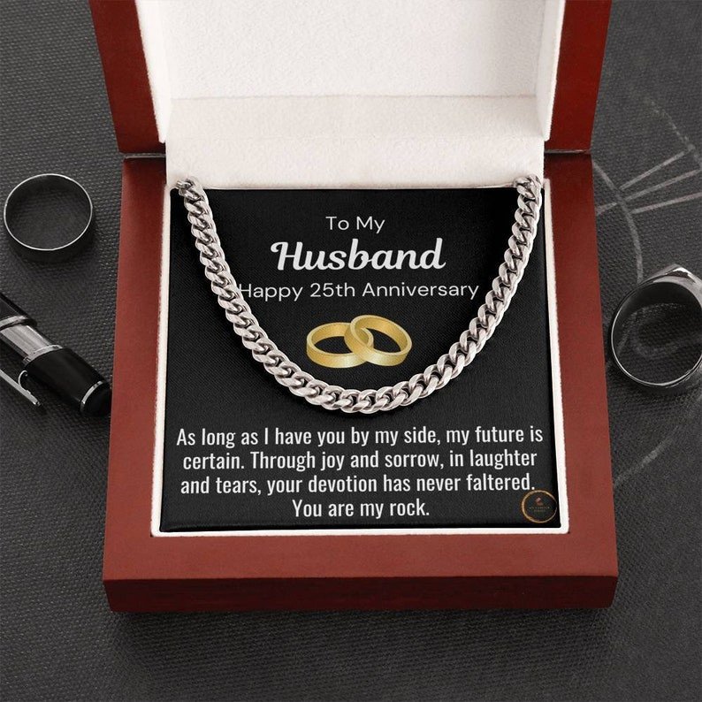 Valentines Day Gifts For Him, Cuban Link Chain Necklace For Husband, 25Th Anniversary Gift, Stainless Steel Gold Finish Box With Message Card