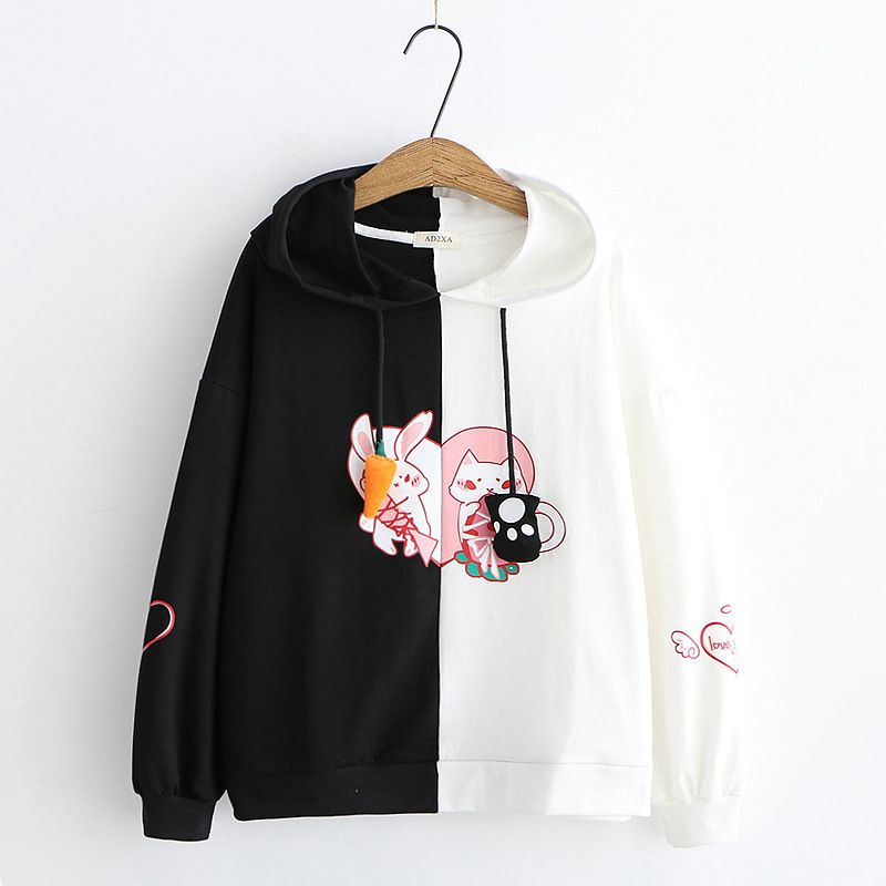 Patchwork Hooded Sweatshirt Casual Caroon Rabbit