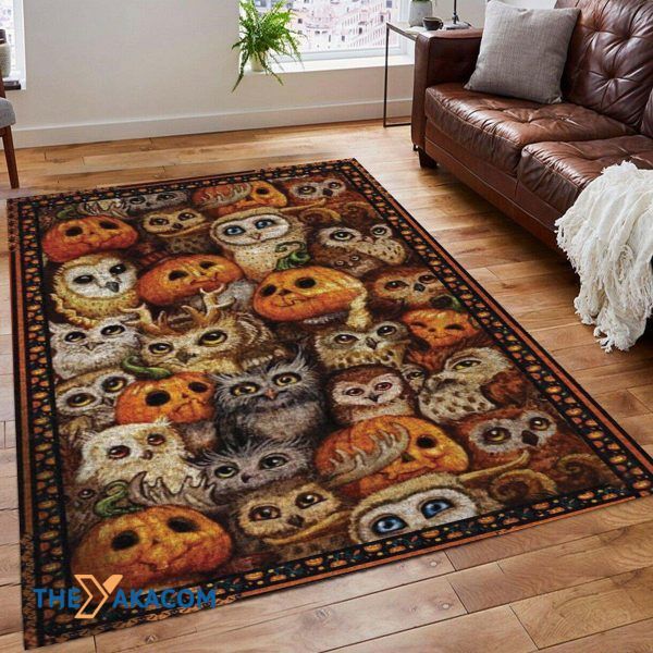 Owl Pumpkin Happy Halloween Rectangle Area Rug Floor Decor