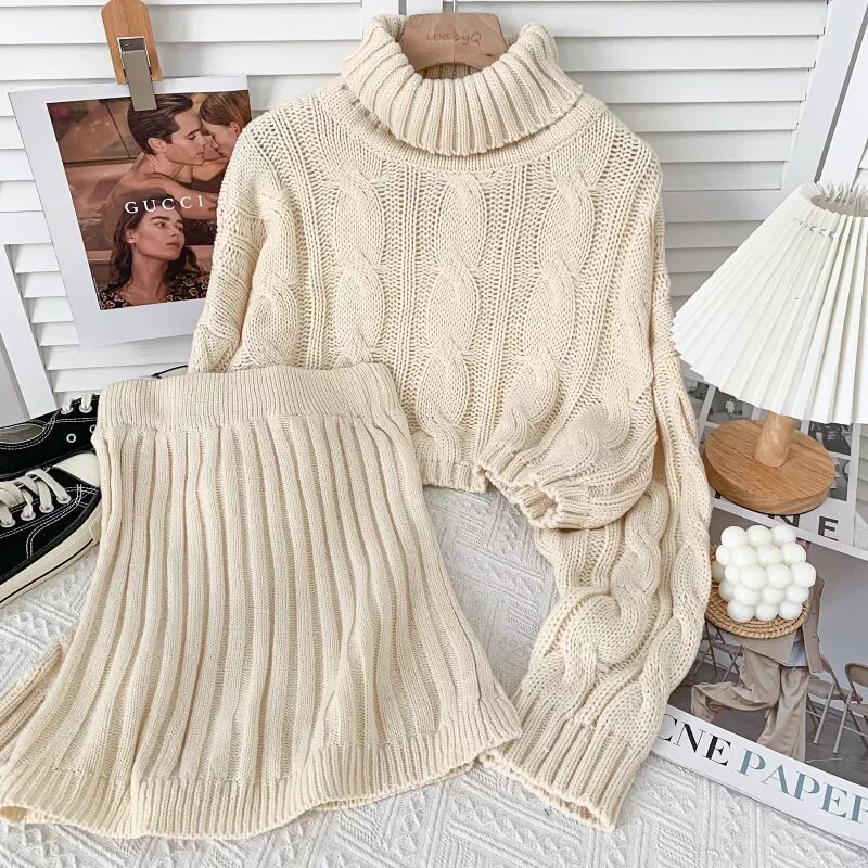 2022 Autumn and Winter New Women’s Two-piece Suit Korean Style Knitted Turtleneck Knitted Sweater Wrap Hip Skirt Two-piece Suit alx