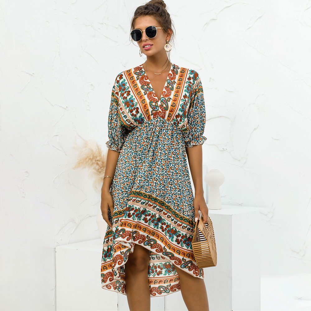 Boho Sexy Backless Print Midi Dress Women Summer Fashion V-neck Lace Up Loose Dresses For Women 2021 Vintage Floral Robe Femme alx