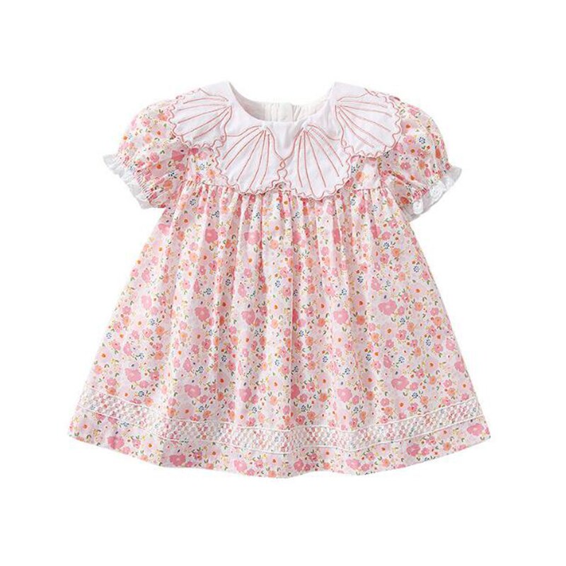 Sweet Lace Collar Kids Baby Girls Dress Kids Baby Girls Short Sleeve Printing Dress Summer Kids Baby Girl Dress Children Clothes alx