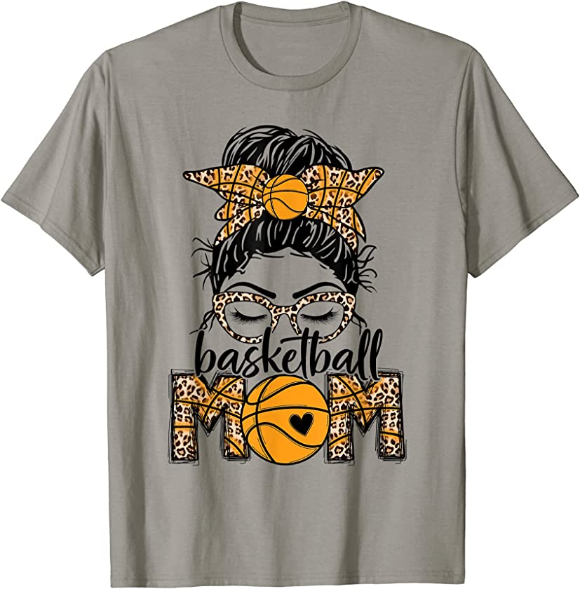 Women Basketball Mom Game Day Messy Bun Leopard Bleached T-Shirt