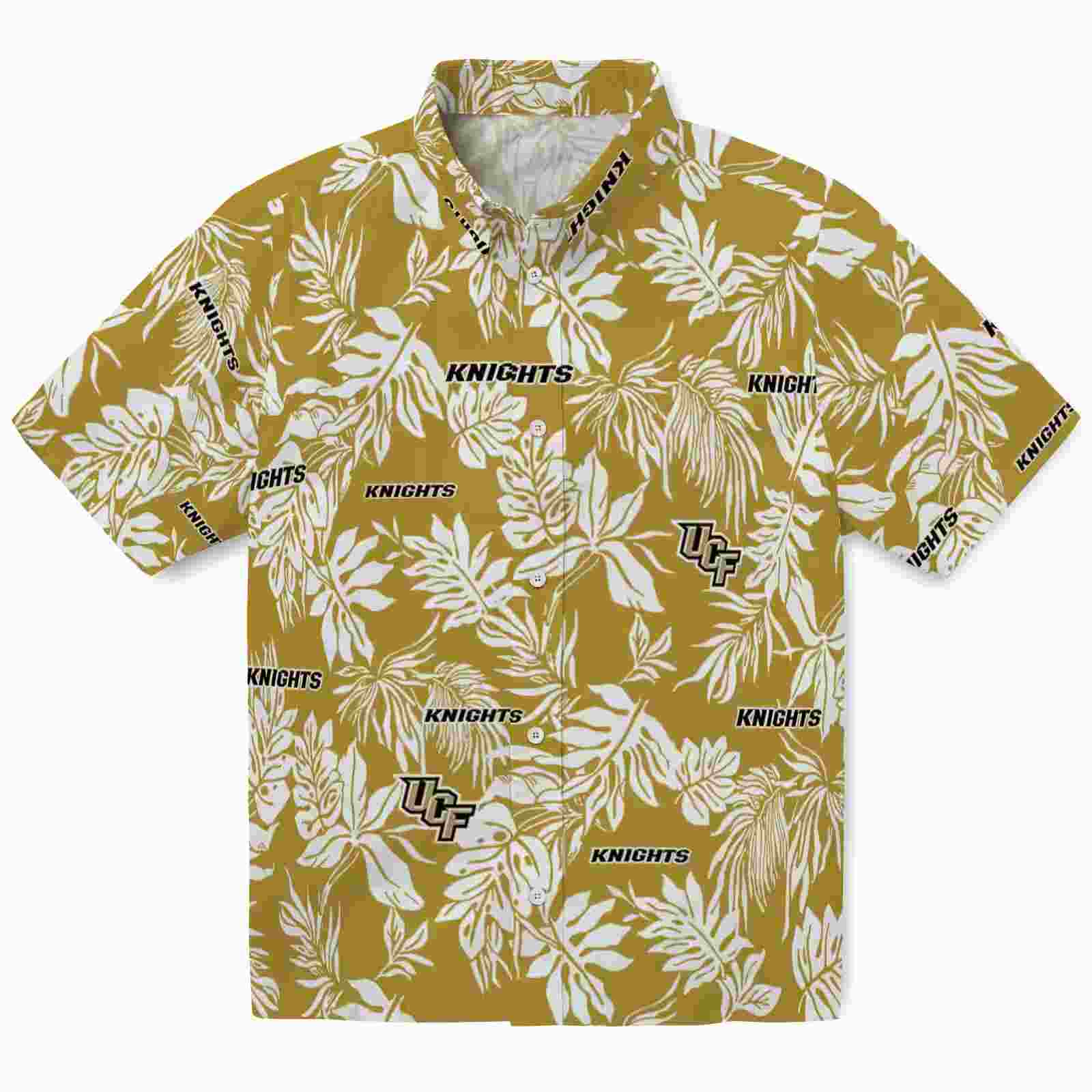 Ucf Knights Tropical Leaf Gold White Hawaiian Shirt