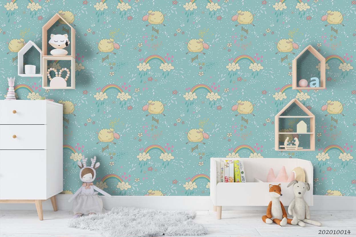 3D Cartoon Cute Animal Sheep Rainbow Pattern Wall Mural Wallpaper Wj 5023