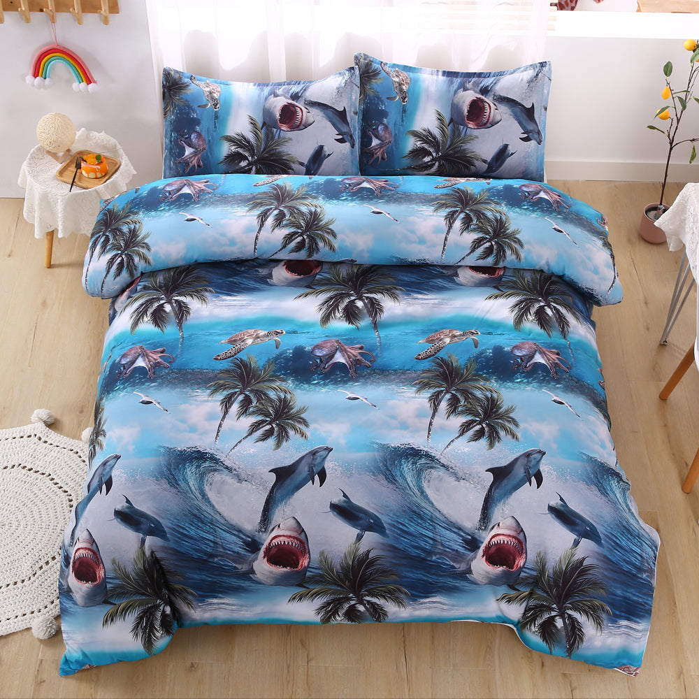 3D Blue Sea Coconut Tree Shark Quilt Cover Set Bedding Set Duvet Cover Pillowcases 509