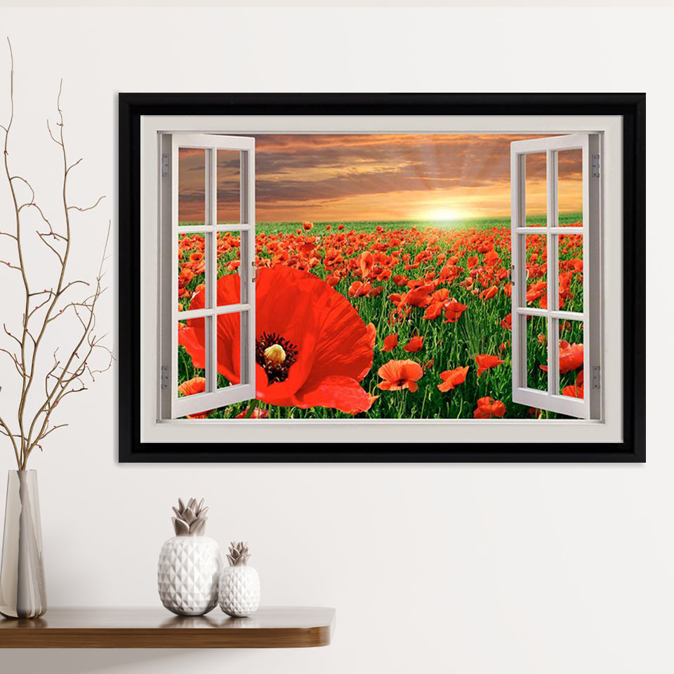 Red Poppy Field 3D Window Bay View Framed Canvas Print – Canvas Painting, Canvas Art, Wall Art, Wall Decor