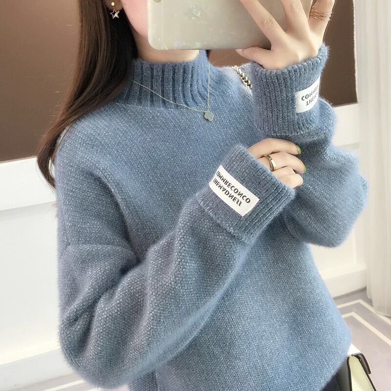 White Winter Sweater Women Letter Patchwork Turtleneck Thicken Warm Long Sleeve Knitted Pullover Sweater Jumper Elegant New V673 alx