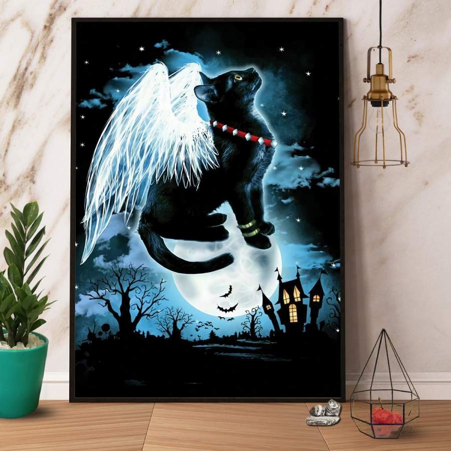 Black cat angel magical cat halloween gift paper poster no frame/ wrapped canvas wall decor full size