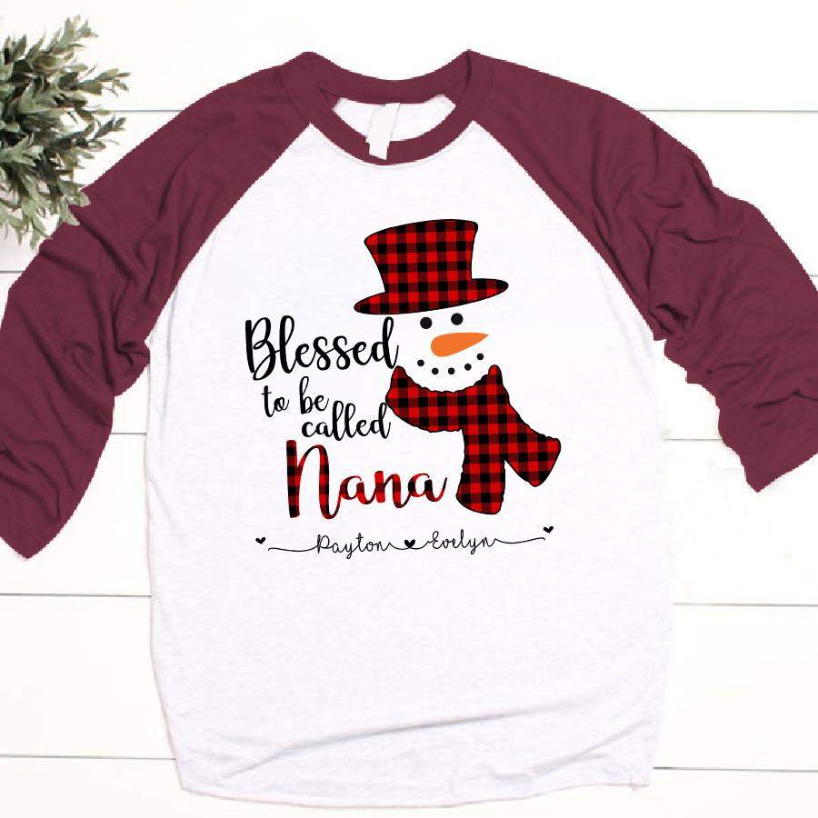 Blessed To Be Called Nana Red Plaid Snowman Christmas | Personalized Baseball T-shirt
