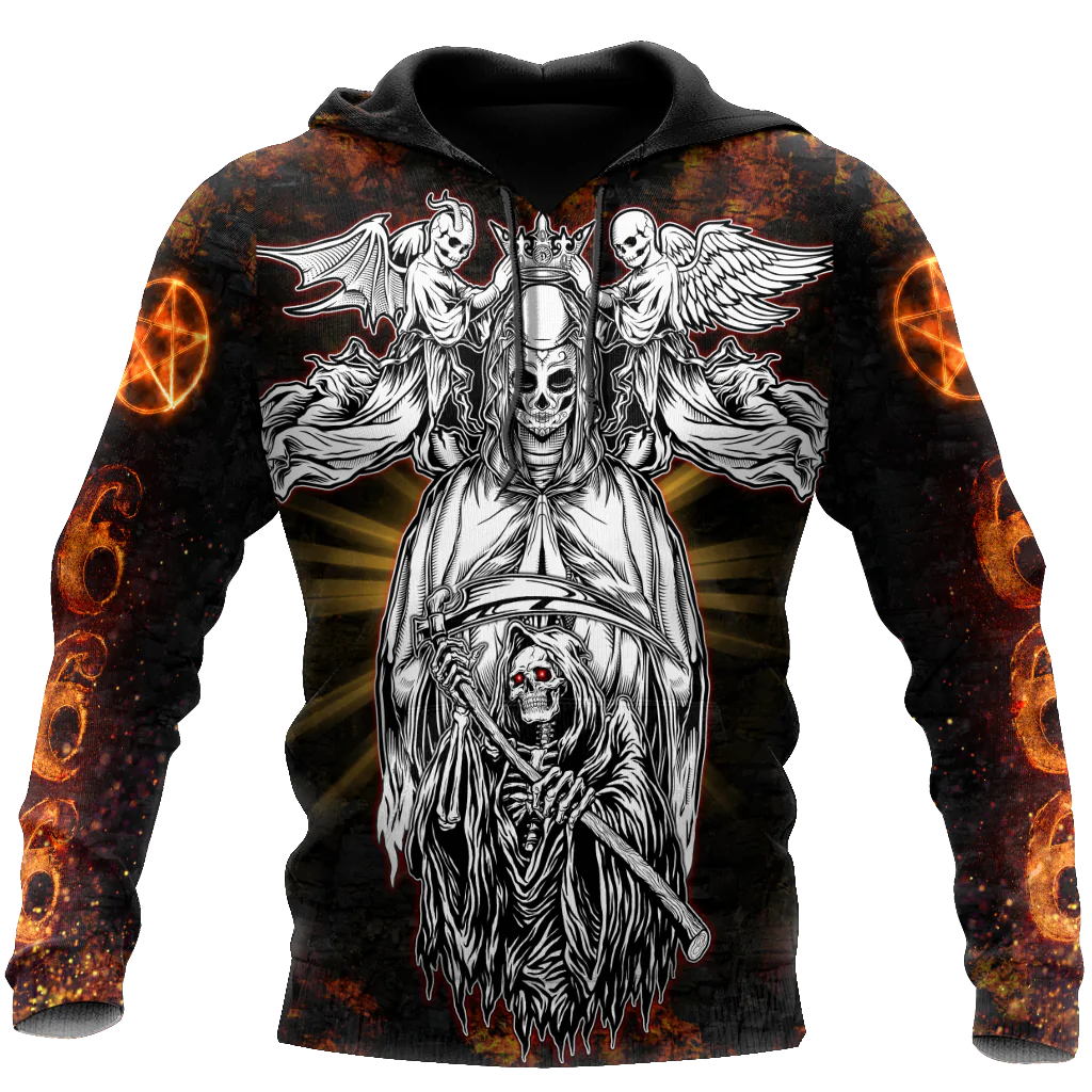 3D All Over Print Skull Satanic Fire Hoodie, Satanic Hoodie, Skull Satanic Hoodie