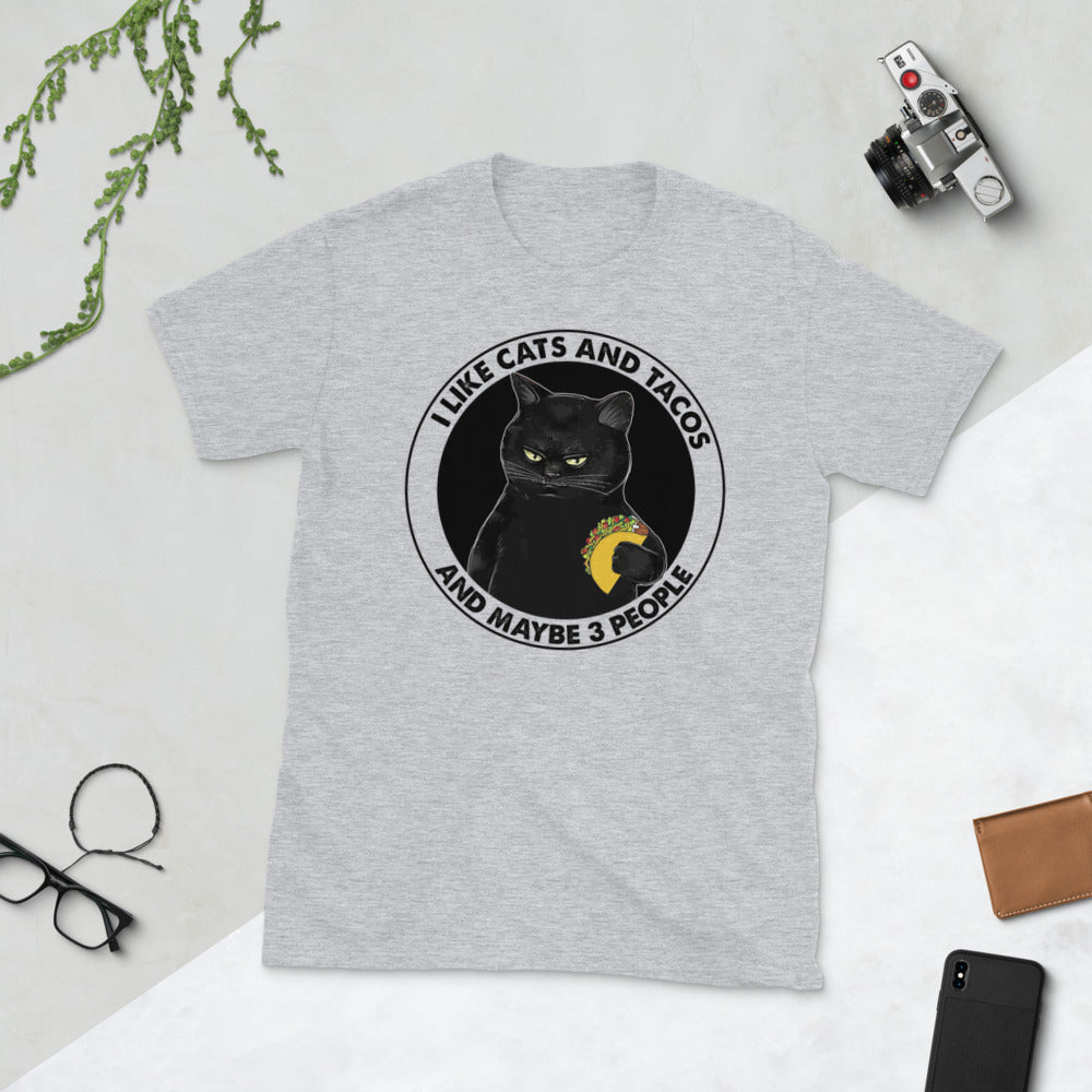 Black Cat Eats Tacos I Like Cats And Tacos And Maybe 3 People Unisex T-Shirt