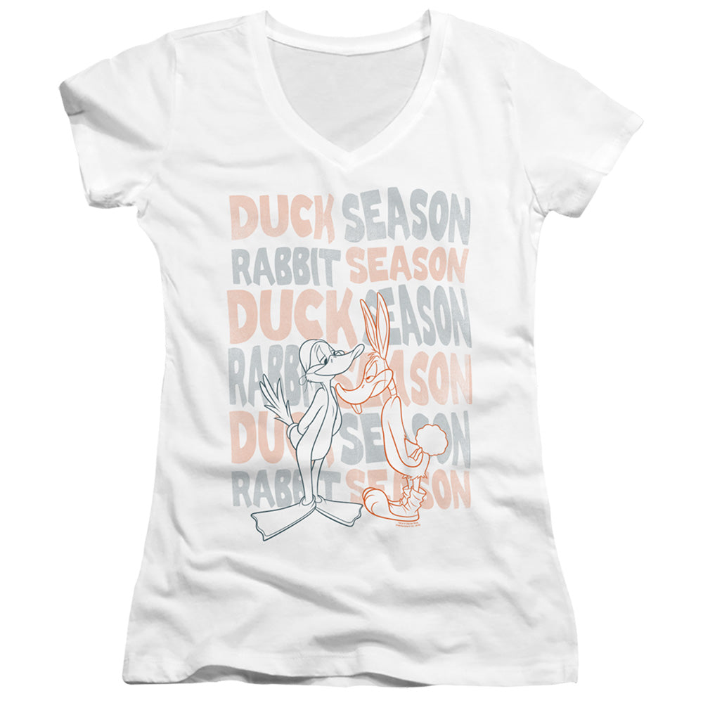 Looney Tunes Duck Season Rabbit Season Junior Sheer Cap Sleeve V-Neck Womens T Shirt White