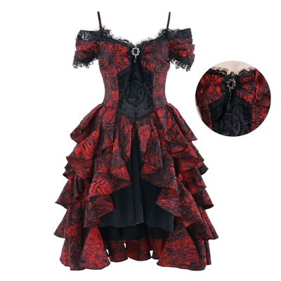 blood supply original Gothic red ball gown dress off shoulder short sleeve spaghetti dress black mesh goth punk wave dress alx