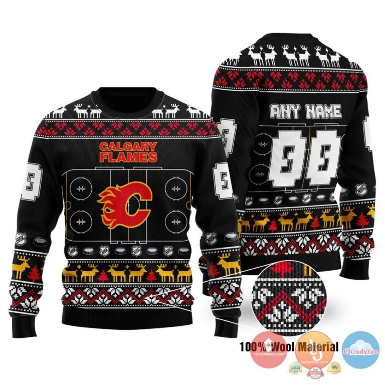 Calgary Flames Custom Name Number Black Red Stadium Gift For Fan Ugly Wool Sweater Christmas