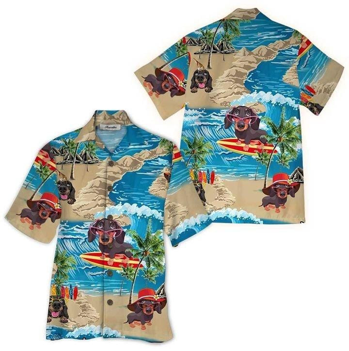 Kawaii Dachshund Surfing On Island Hawaii Aloha Shirts Dh Ha31065