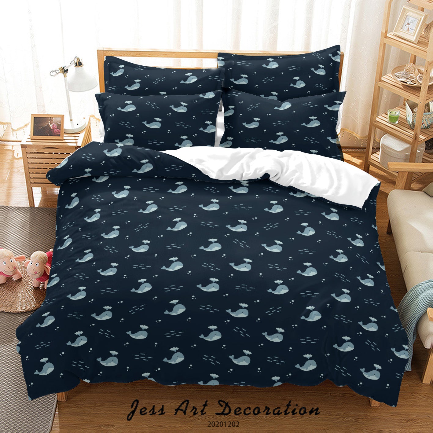 3D Cartoon Hand Drawn Ocean Whale Pattern Dark Quilt Cover Set Bedding Set Duvet Cover Pillowcases Lxl