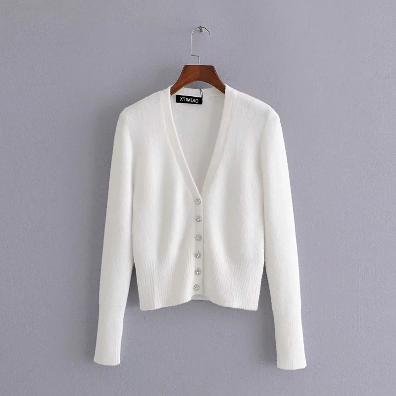 Xitimeao New Women White Mohair Button Solid Knitted Cardigan Short Sweater Slim Fit V-Neck Long Sleeve Ladies Fashion Autumn alx