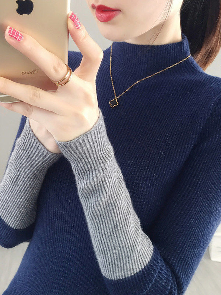 2022 Mock Neck Color Blocking Knitting Sweaters Interior Lapping Slim Bottoming Shirt Classic Long Sleeve Korean Lady Top alx