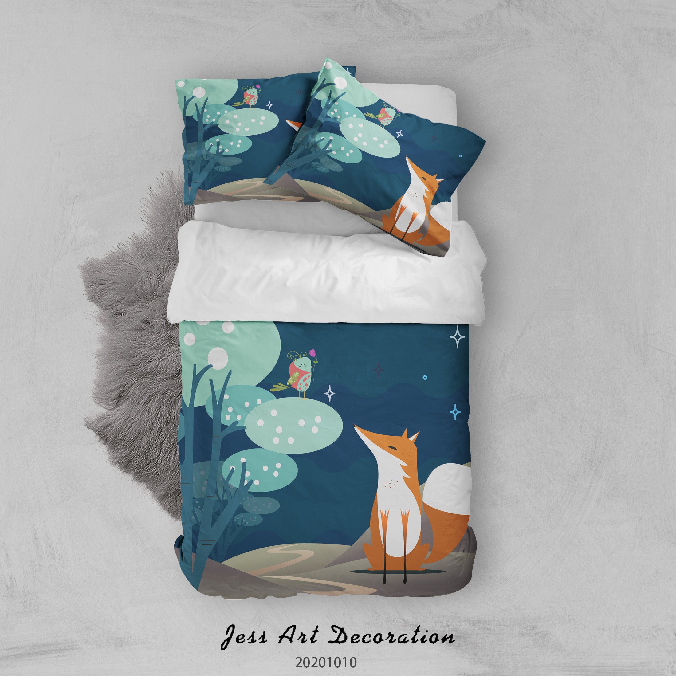 3D Cartoon Animal Fox Bird Leaves Quilt Cover Set Bedding Set Duvet Cover Pillowcases Wj 9583