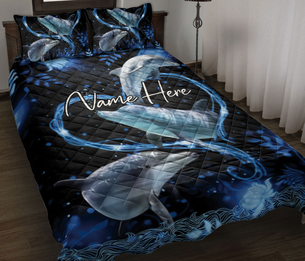 Dolphin Quilt Set, Dolphin Blue Heart Flower Floral Ocean Black Quilt Blanket With Pillowcases, Quilt Bedding Set