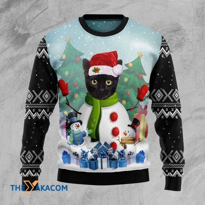 Snowman With Black Cat Head And Blue Box Gift For Christmas Ugly Christmas Sweater