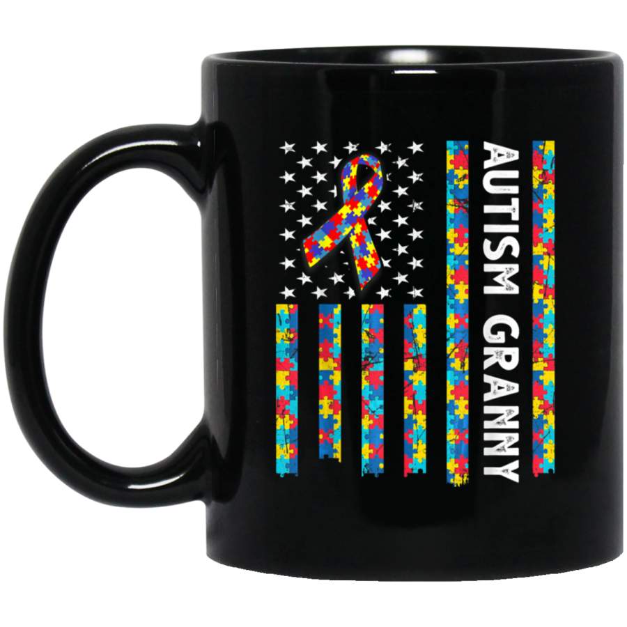 Autism Awareness Granny American Flag Retro Vintage Gift 11oz 15oz Black Mug Idea 2nd April Puzzle Ribbon Support Autism Dad Mom Kids Autistic