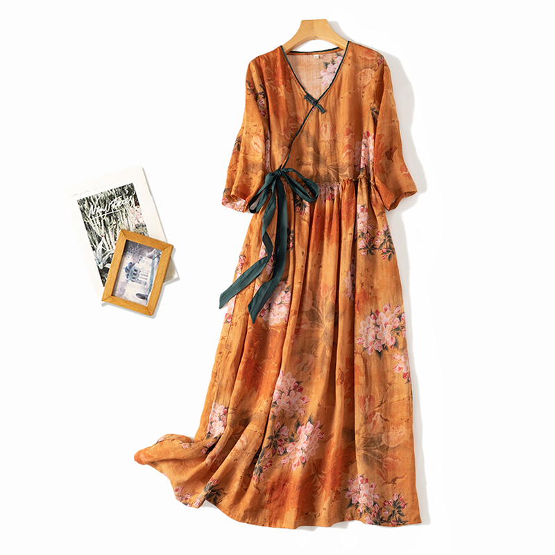 2022 Thin Soft Ramie Print Floral Loose Summer Dress Draw String Vintage Office Lady Work Dress Women Travel Casual Midi Dress alx