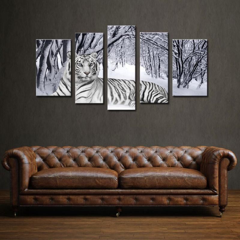 White Tiger In Snow Forest Animal 5 Panel Canvas Art Wall Decor