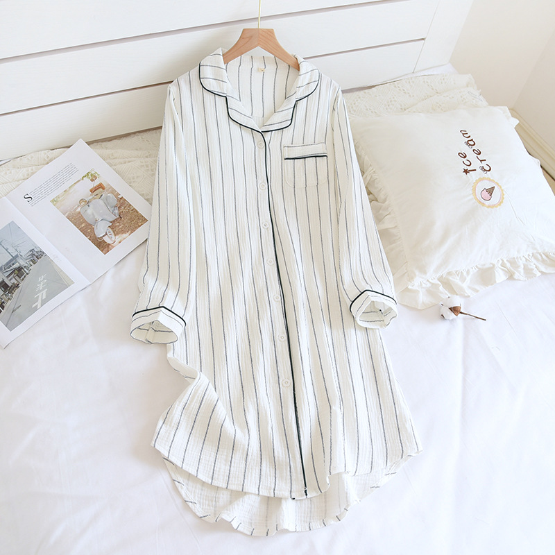 Summer Ladies Cotton Nightgowns Long-sleeved Simple Plus Size Sleepwear Double-layered Gauze Sleeping Dress Striped Sleep Tops alx