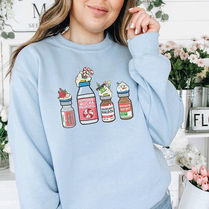 Christmas Nurse Crna nursing Sweatshirt, Cute Funny Xmas Holiday Winter Sweater ER ED ICU Picu Cvicu Cricital Care Gift Peppermint Propofol