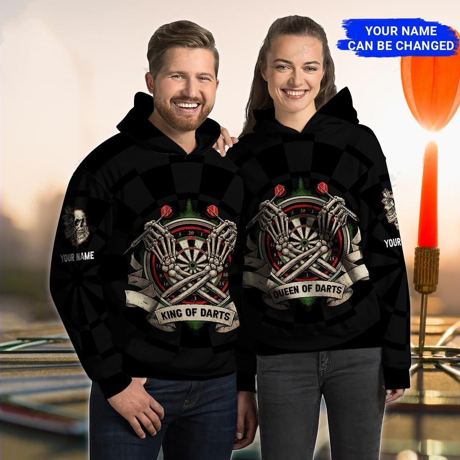 Darts King And Queen Matching Couple Custom Name Hoodie 3D