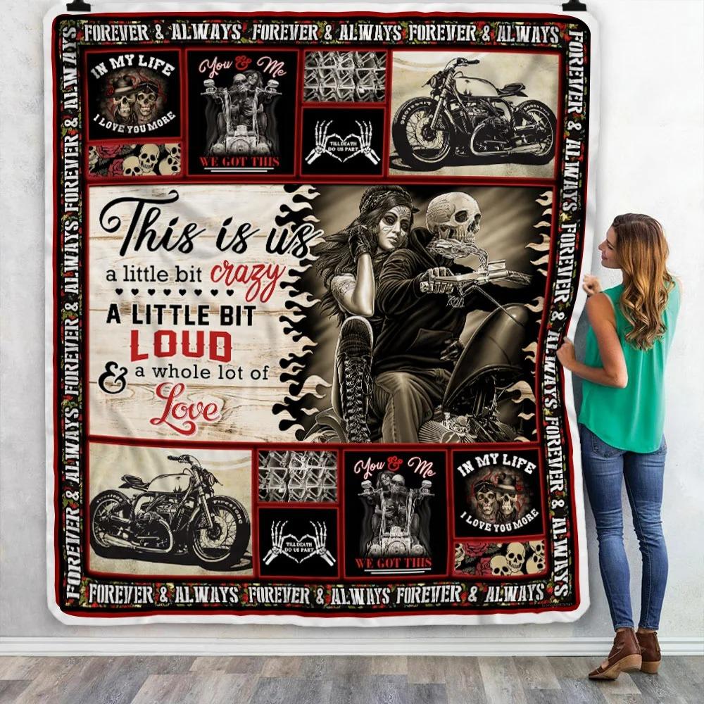 A Little Bit Crazy Motorcycle Skull Couple Halloween Sofa Fleece Throw Blanket | Halloween Gifts