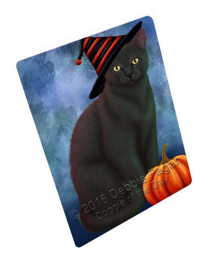 Happy Halloween Black Cat Wearing Witch Hat With Pumpkin Art Portrait Print Woven Throw Sherpa Plush Fleece Blanket