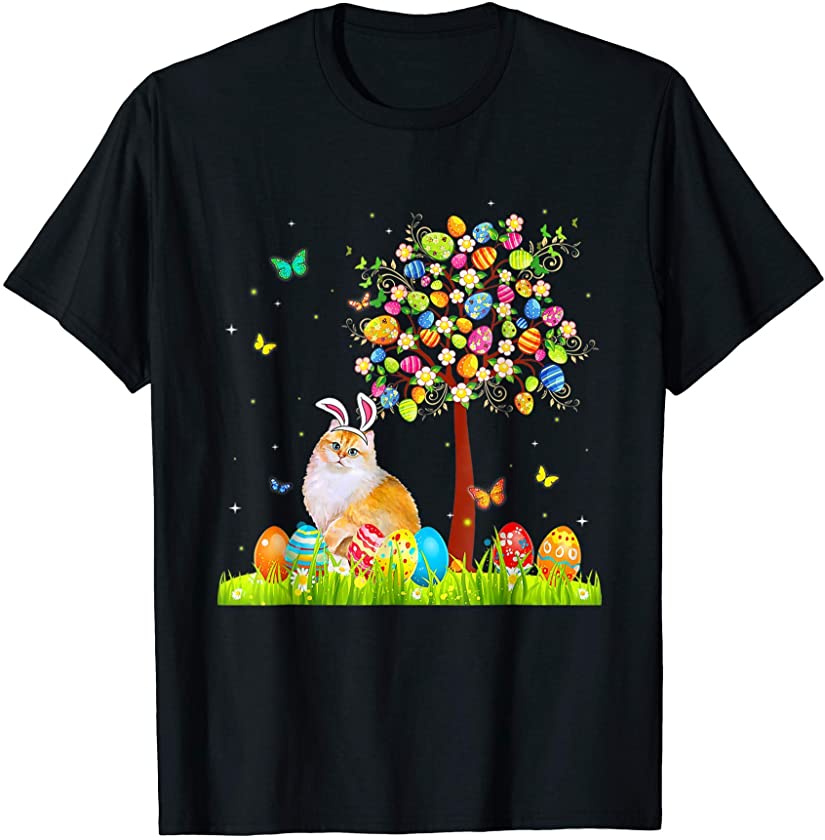 Cute Bunny Cat Easter Eggs Tree Easter T-Shirt