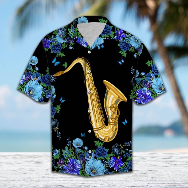 Blue Flower Saxophone Hawaii Shirt Ha3507