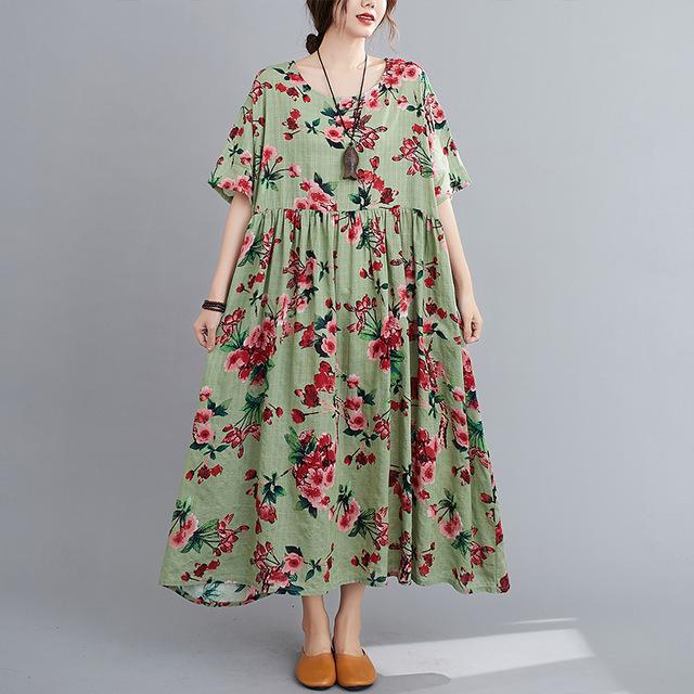 Oversized Floral Summer Beach Dress Korean Cotton Ladies Dresses for Women New Fashion Vintage Print Oversize Long Dress 2022 alx