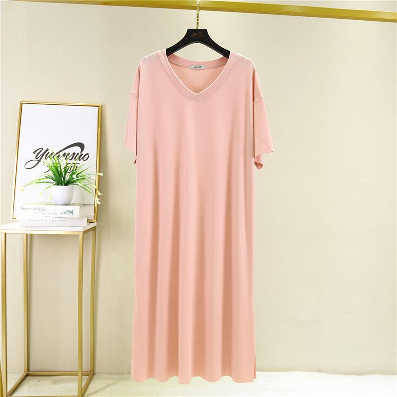 Summer Modal Sleepwear Home Dress V-neck Lady Nightgown Loose Sleepshirts Casual Nightdress Long Lingerie Robe Lounge Night Wear alx