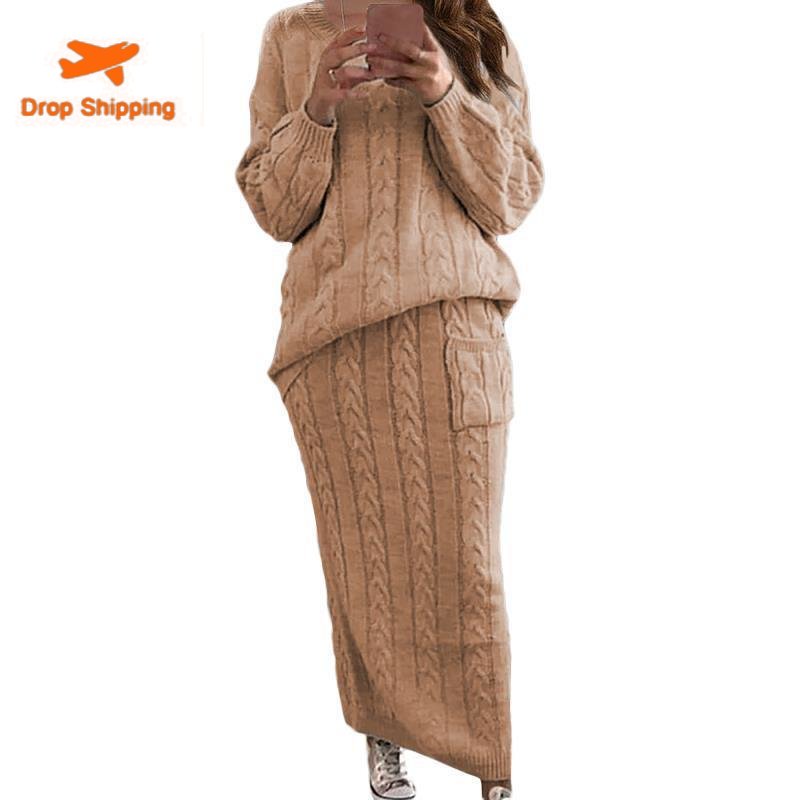 Autumn and Winter 2022 New Women’s Fashion Fried Dough Twist Needle Sweater Suit Skirt Womens Two Peice Sets Thick Sweaters alx