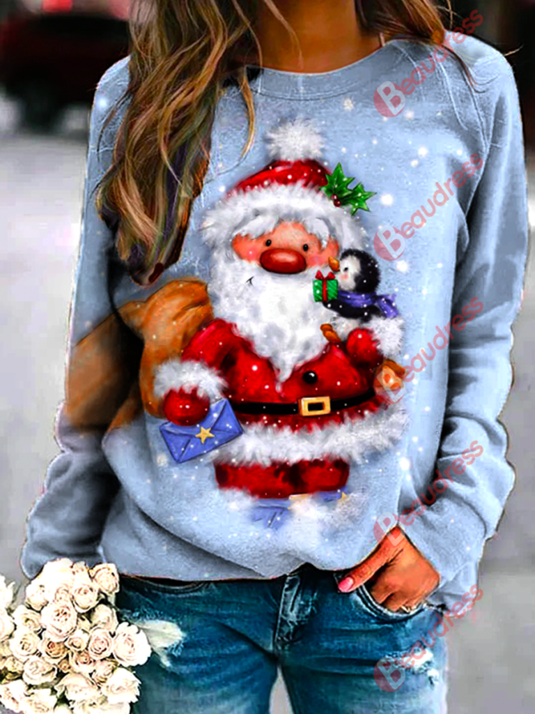 Santa With Penguin Printed Sweatshirt