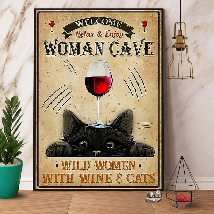 Black cat and wine welcome relax and enjoy woman cave paper poster no frame/ wrapped canvas wall decor full size